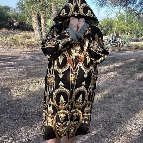 Baroque Cotton Jacket Gold Black Hooded Size XL Rococo Couture Versailles Coat - Picture 3 of 10